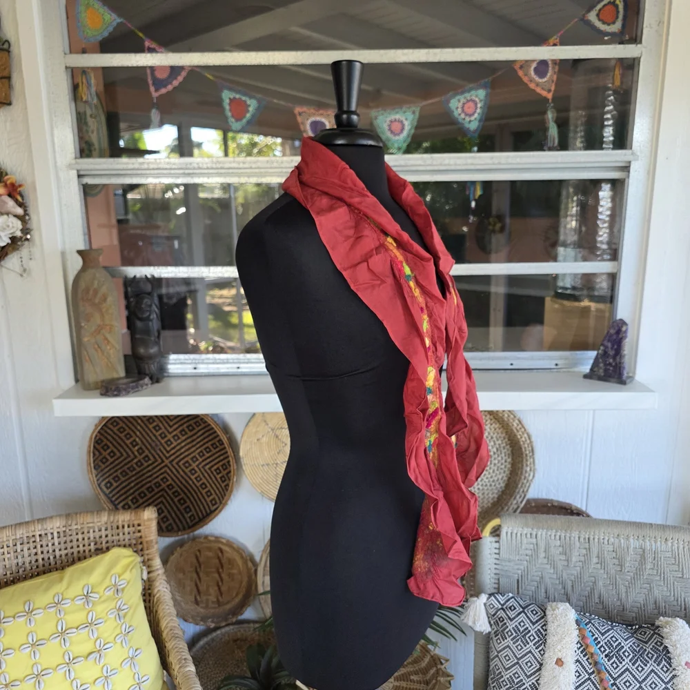 Vintage Red Scarf with Colorful Embroidery Feminine Ruffle Bohemian